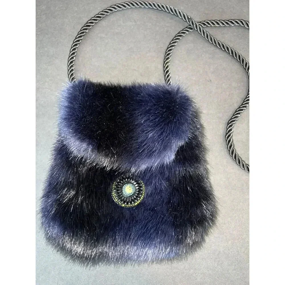 Vintage Christine Clarke faux fur mink purse crossbody satchel bag blue artsy